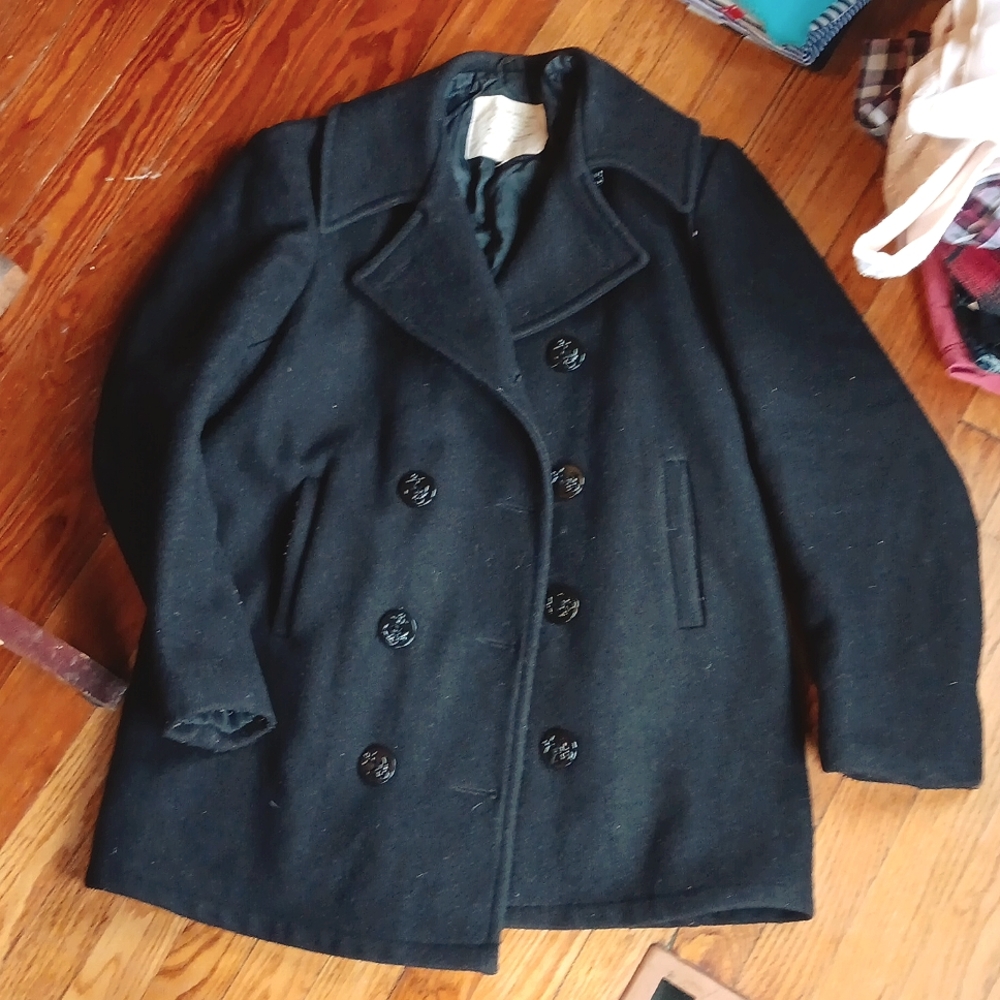 Men's Black Pea Coat with Anchor Buttons, Size 40